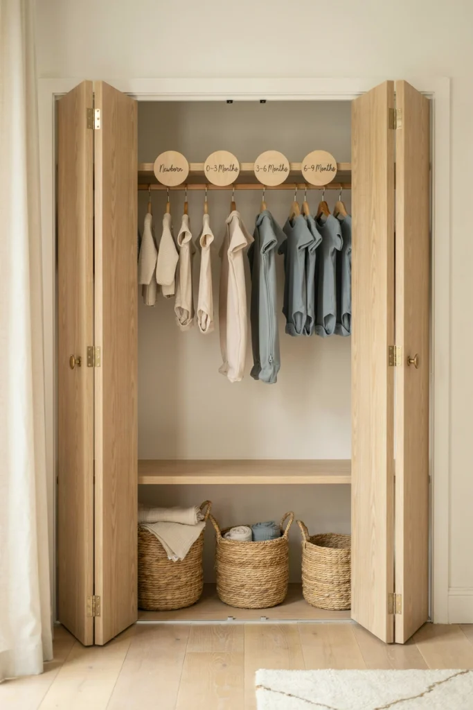 Nursery closet dividers labeled by baby clothing size, a useful baby shower gift