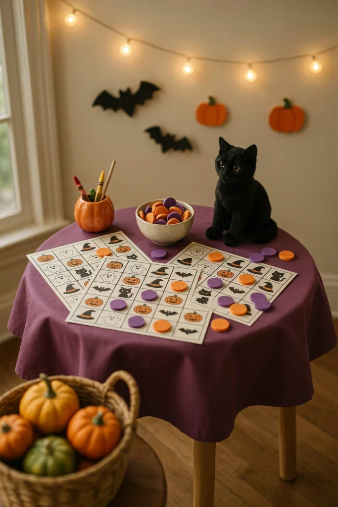 Kids playing Halloween bingo with picture cards at a table at a kids Halloween party