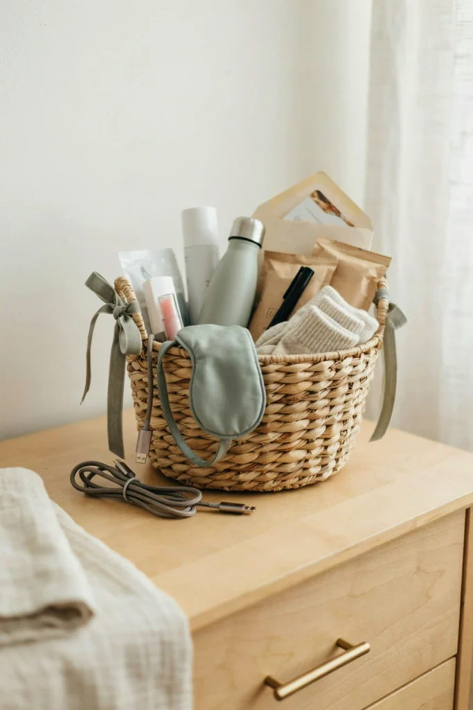 DIY new-mom survival basket with snacks and lip balm, a baby shower gift for mom