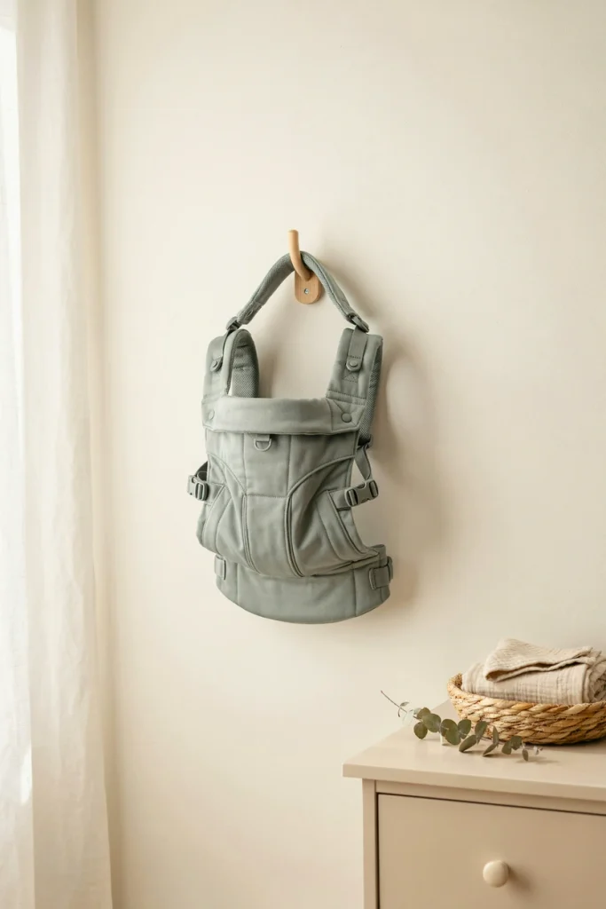 Parent wearing an ergonomic baby carrier, a splurge baby shower gift