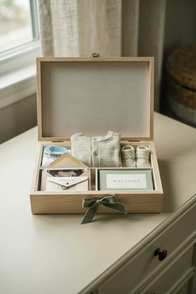 Baby keepsake memory box for a hospital bracelet and first outfit, baby shower gift