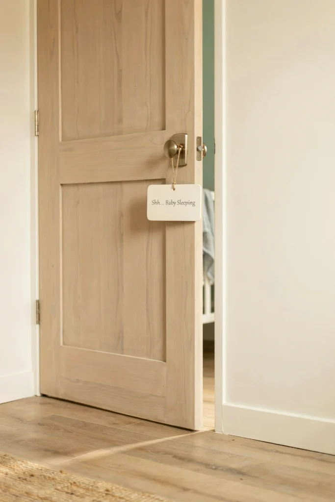 Baby sleeping door sign on a front door, a unique baby shower gift for new parents
