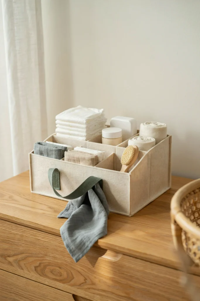 Diaper caddy organizer stocked with diapers and wipes, a practical baby shower gift