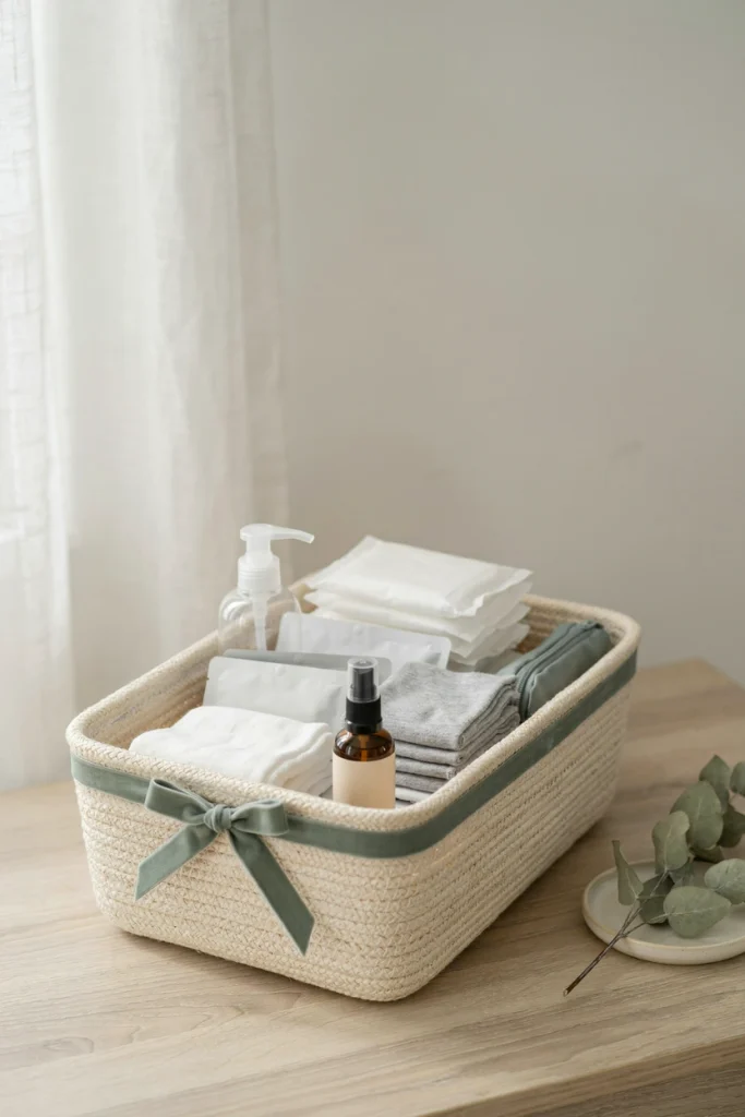 Postpartum recovery kit with peri bottle and pads, a baby shower gift for mom