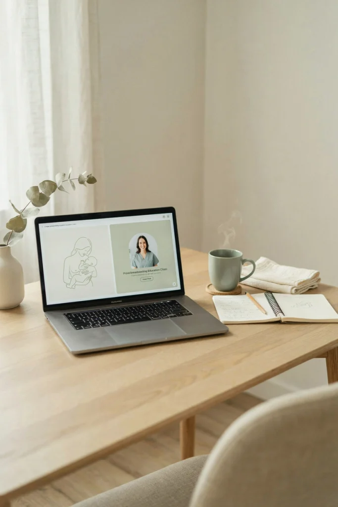 Online breastfeeding class on a laptop, a baby shower gift for new moms