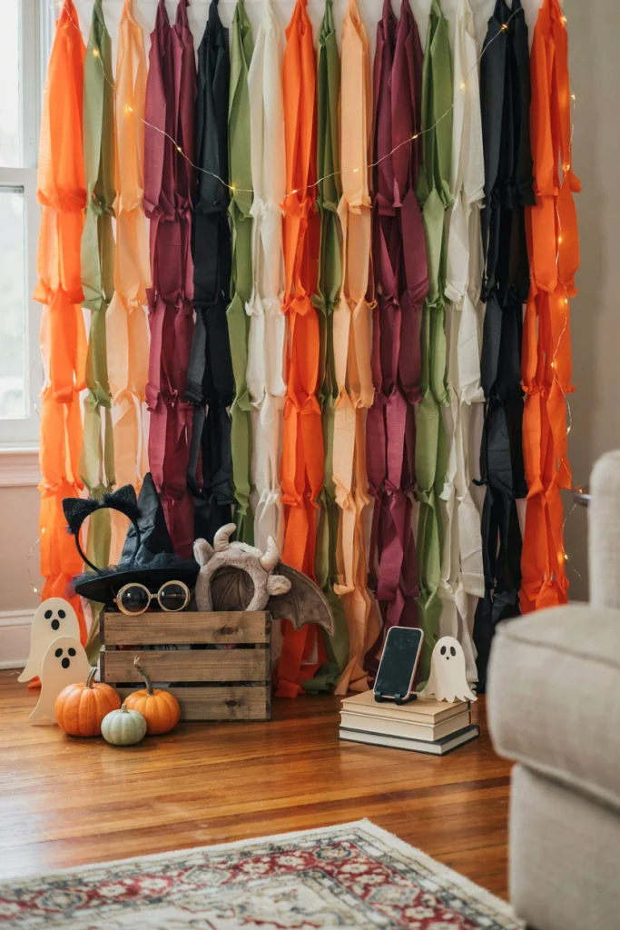 DIY costume photo booth with a streamer backdrop and a box of silly props at a kids Halloween party