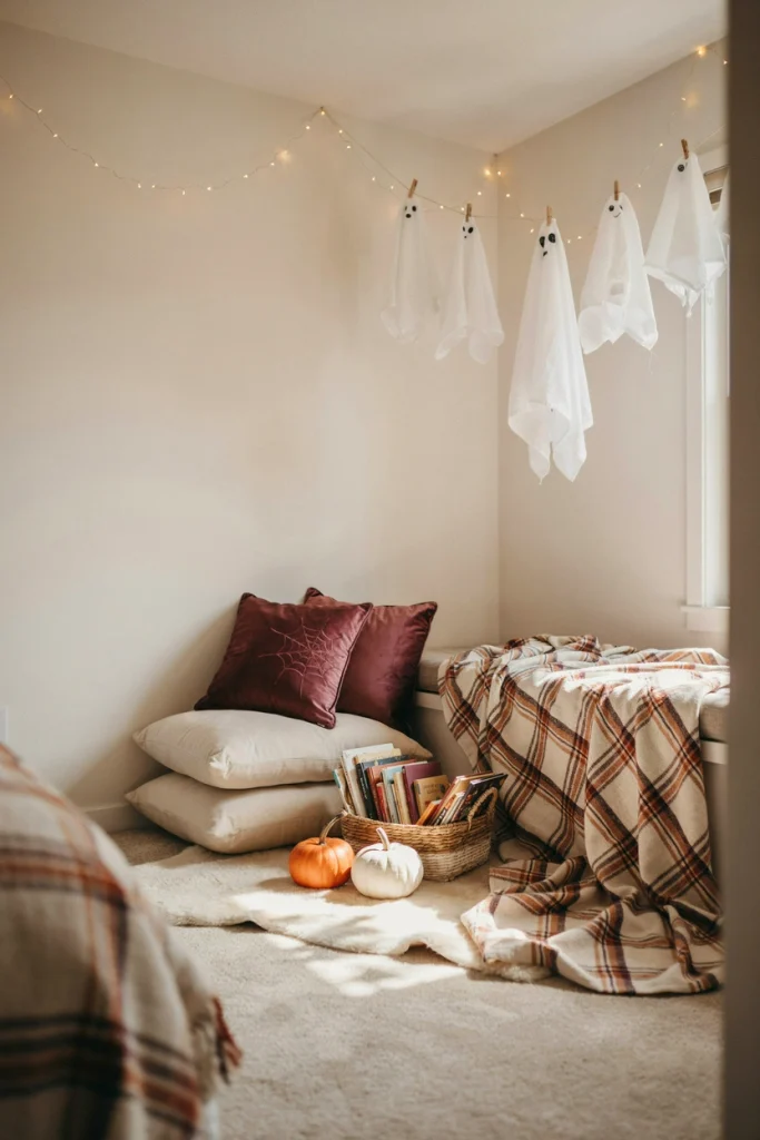 Cozy ghost story circle with muslin ghosts hung above blankets and cushions at a kids Halloween party