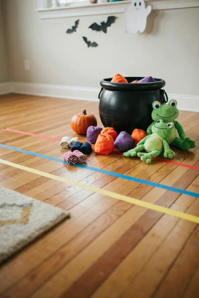 Kids tossing bean bags and plastic frogs into a black cauldron in a cauldron toss game at a kids Halloween party