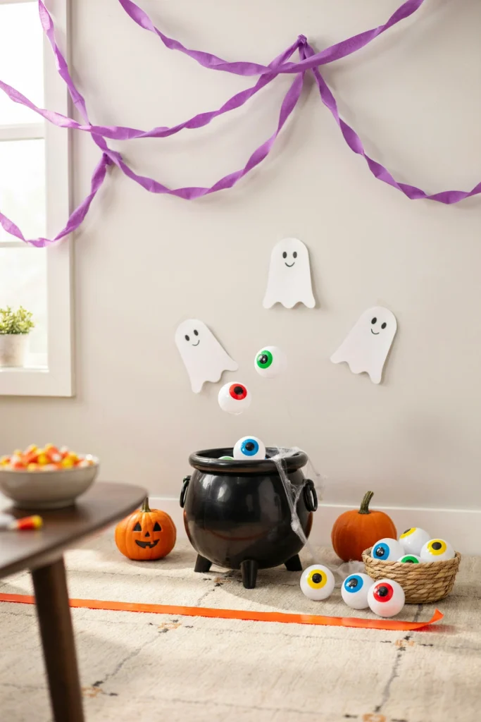 Kids tossing ping pong eyeballs into a bucket in an eyeball toss game at a kids Halloween party