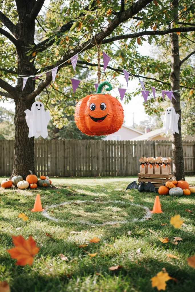 Pumpkin-shaped Halloween piñata hanging outdoors with kids waiting their turn at a kids Halloween party