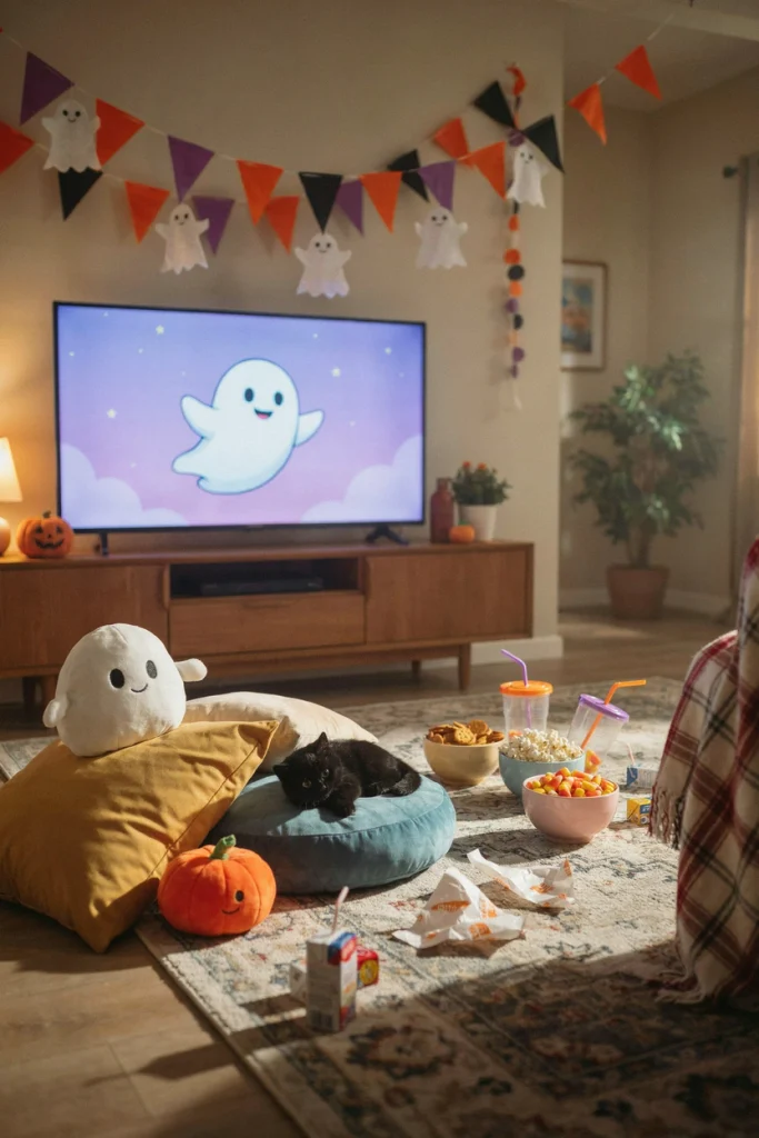 Kids in costumes snuggled on blankets watching a Halloween movie at a kids Halloween party