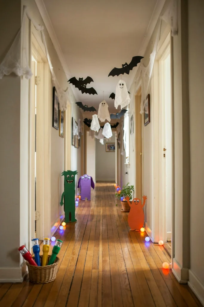 Kid-friendly haunted house hallway with soft cobwebs and friendly ghost decorations at a kids Halloween party