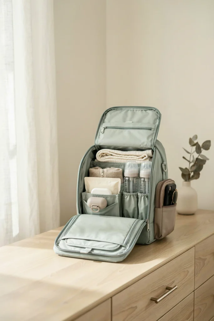 Diaper bag backpack with organized compartments, a practical baby shower gift