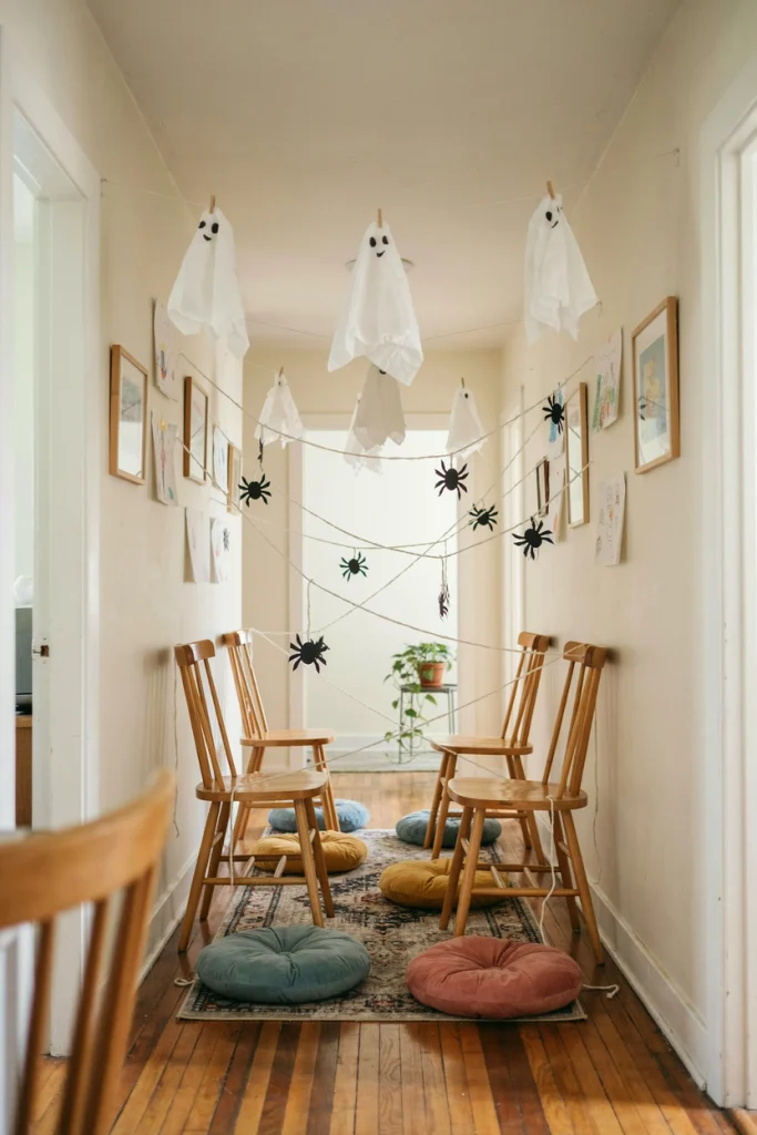 Yarn spiderweb obstacle course strung between furniture for kids to step through at a kids Halloween party