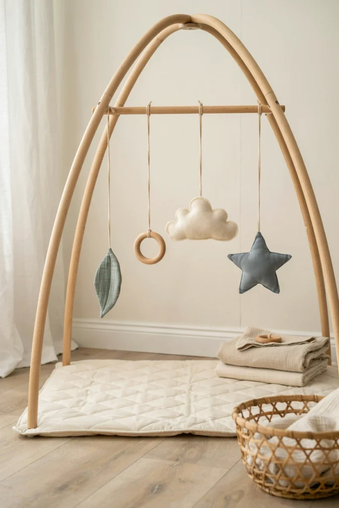 Wooden baby play gym with hanging toys, a baby shower gift that grows with baby
