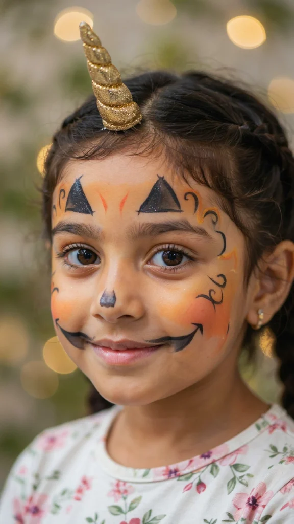 Child with a simple painted pumpkin face at a face-painting station at a kids Halloween party