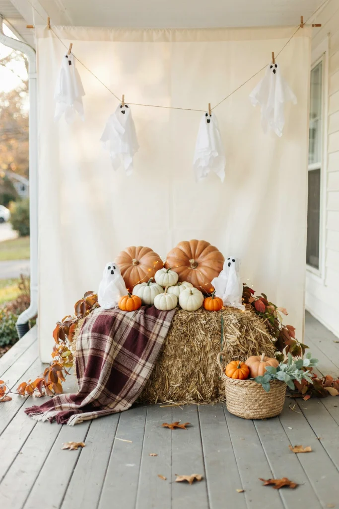Small hay bale styled with pumpkins as a pumpkin patch photo corner for a kids Halloween party