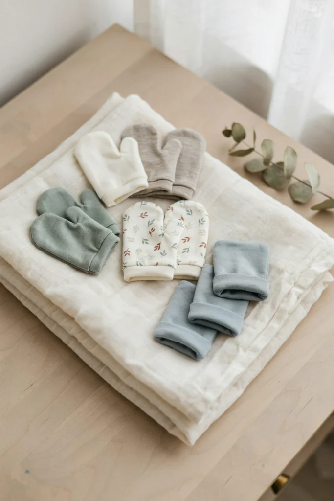 Soft cotton baby mittens with wrist strap, a baby shower gift under $25