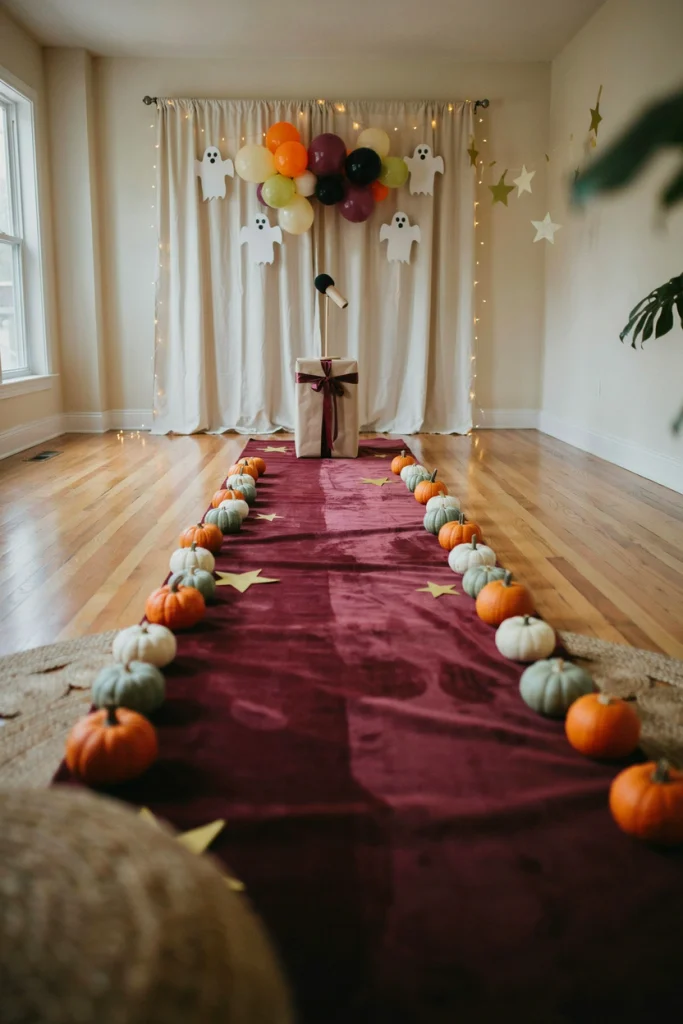 Fabric runway with a handmade Halloween Parade banner for a kids Halloween party costume parade