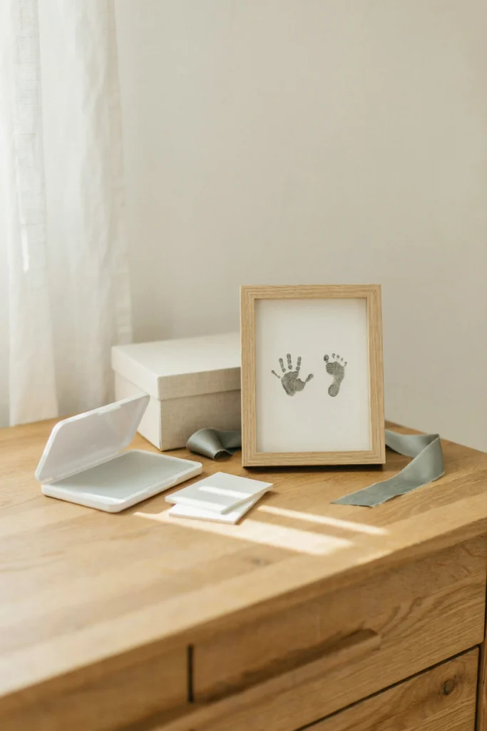 Baby handprint and footprint frame kit with inkless pad, a sentimental baby shower gift