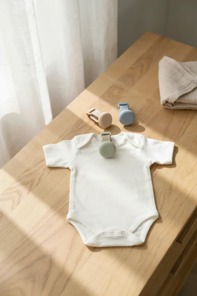 Pacifier clip attached to a baby onesie, an inexpensive baby shower gift
