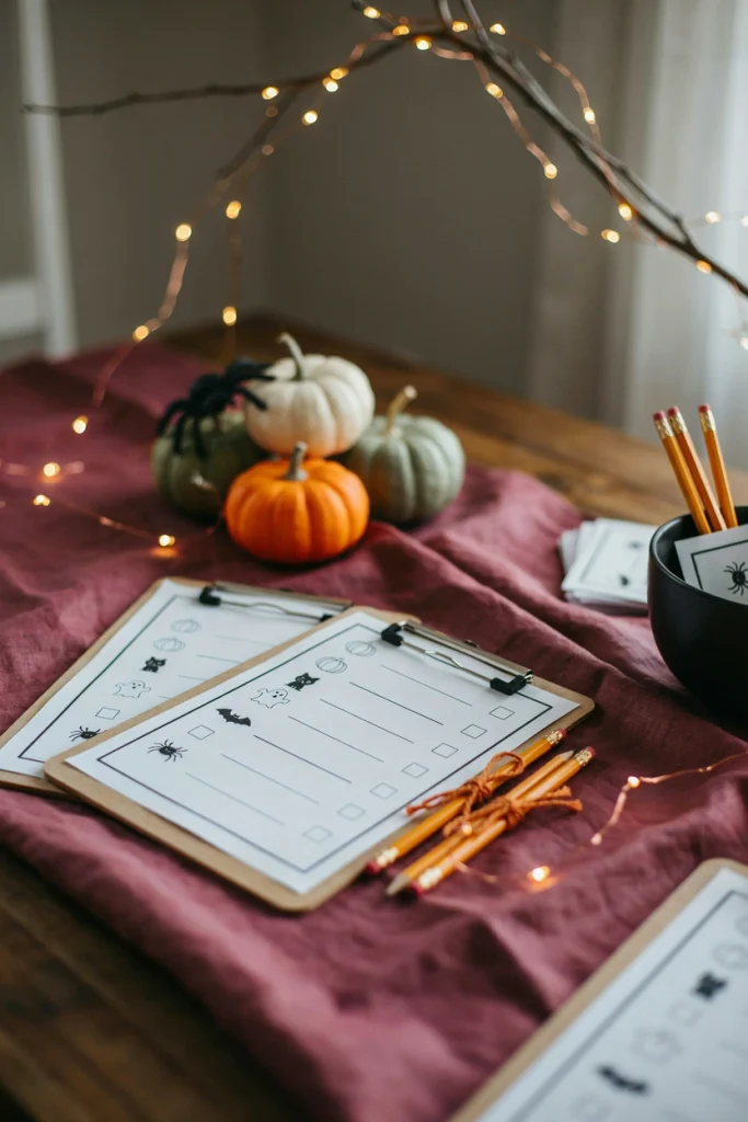 Printed scavenger hunt checklist on a clipboard next to a plastic spider hidden in a pumpkin display for a kids Halloween party