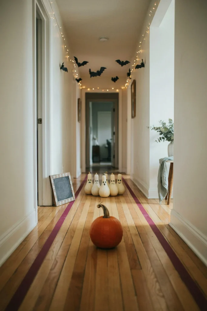 Pumpkin bowling lane with small pumpkins as pins and a chalk scoreboard at a kids Halloween party