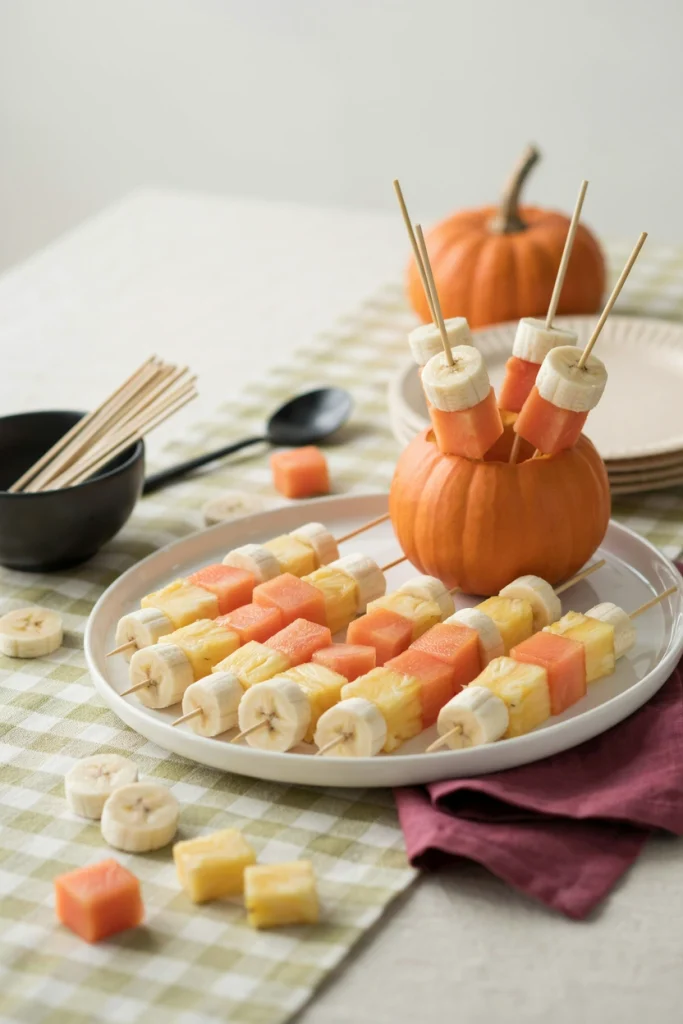 Candy corn fruit skewers with pineapple, cantaloupe and banana, Halloween party food for kids