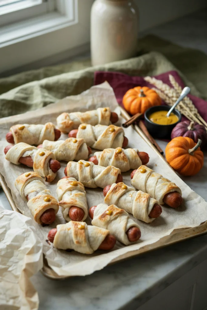 Mummy hot dogs wrapped in crescent dough strips with mustard eyes, Halloween party food for kids