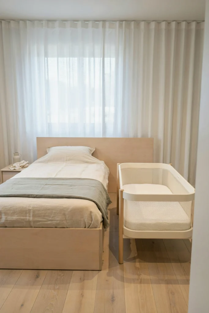 Bedside bassinet attached to a parent's bed, a big baby shower gift