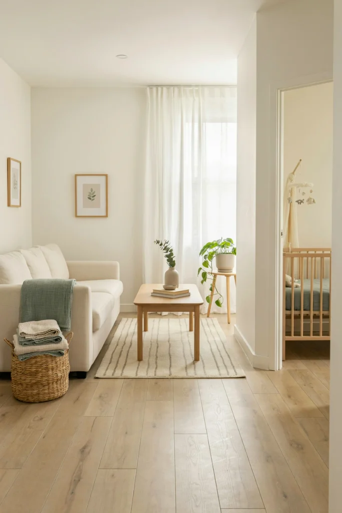 Clean living room after a house cleaning service, a baby shower gift for new parents