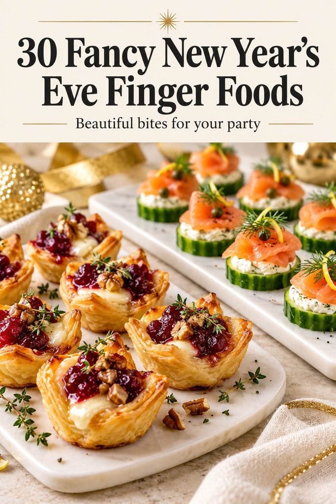 Pinterest pin of fancy New Year’s Eve finger foods on elegant party platters