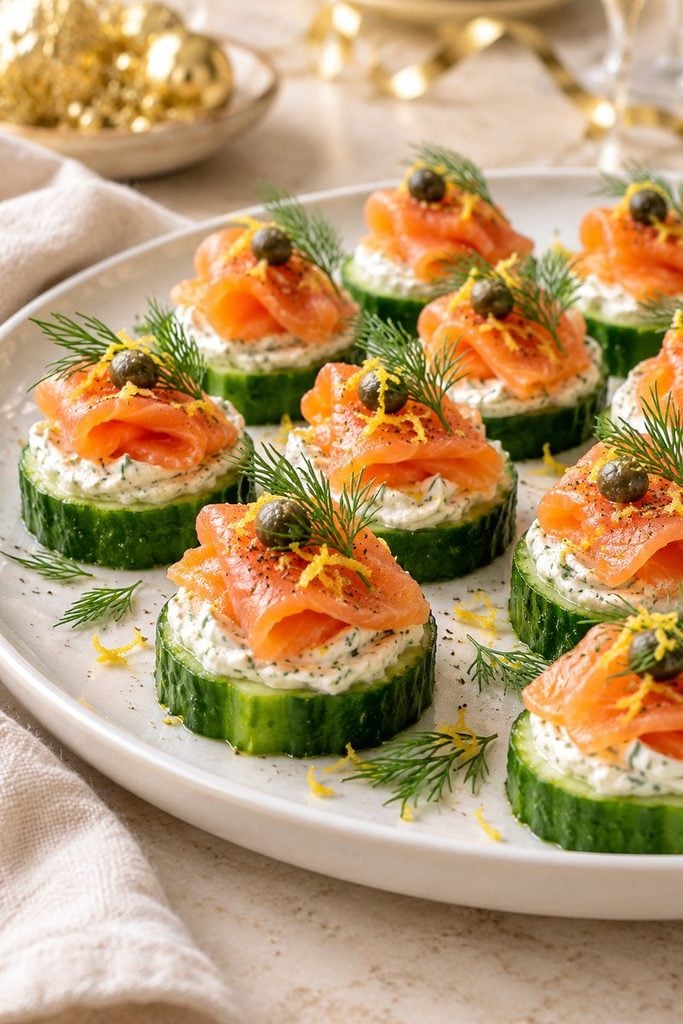 Smoked salmon cucumber bites topped with whipped cream cheese, dill, and capers on a white platter