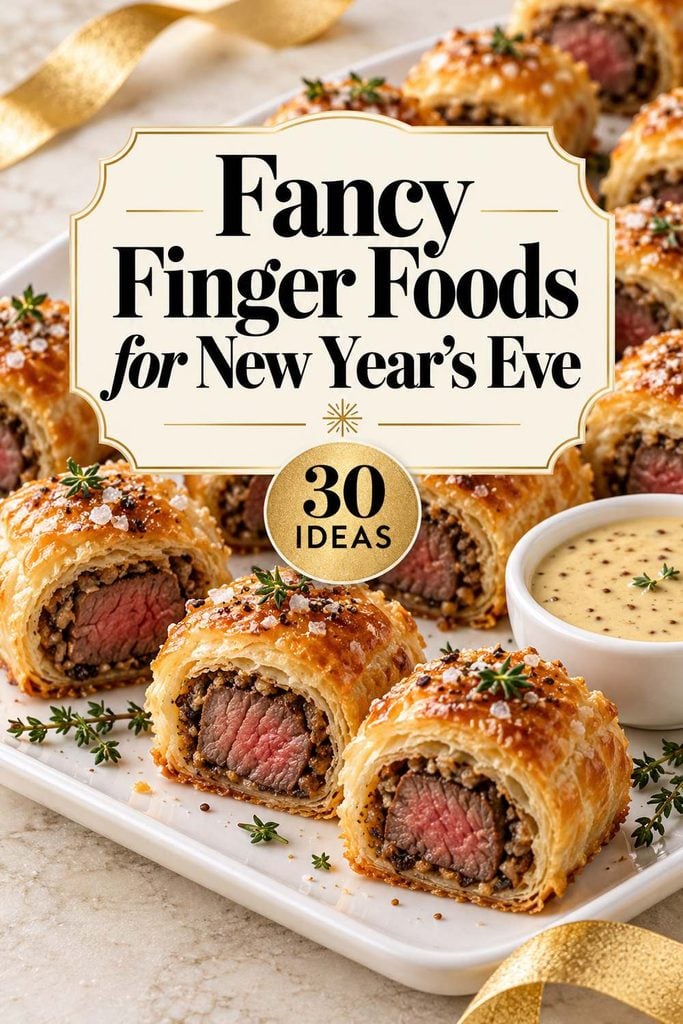 Pinterest pin with easy elegant New Year’s Eve appetizers for a small gathering