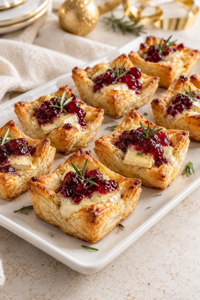Golden mini puff pastry cups filled with melted brie and cranberry sauce with a rosemary sprig