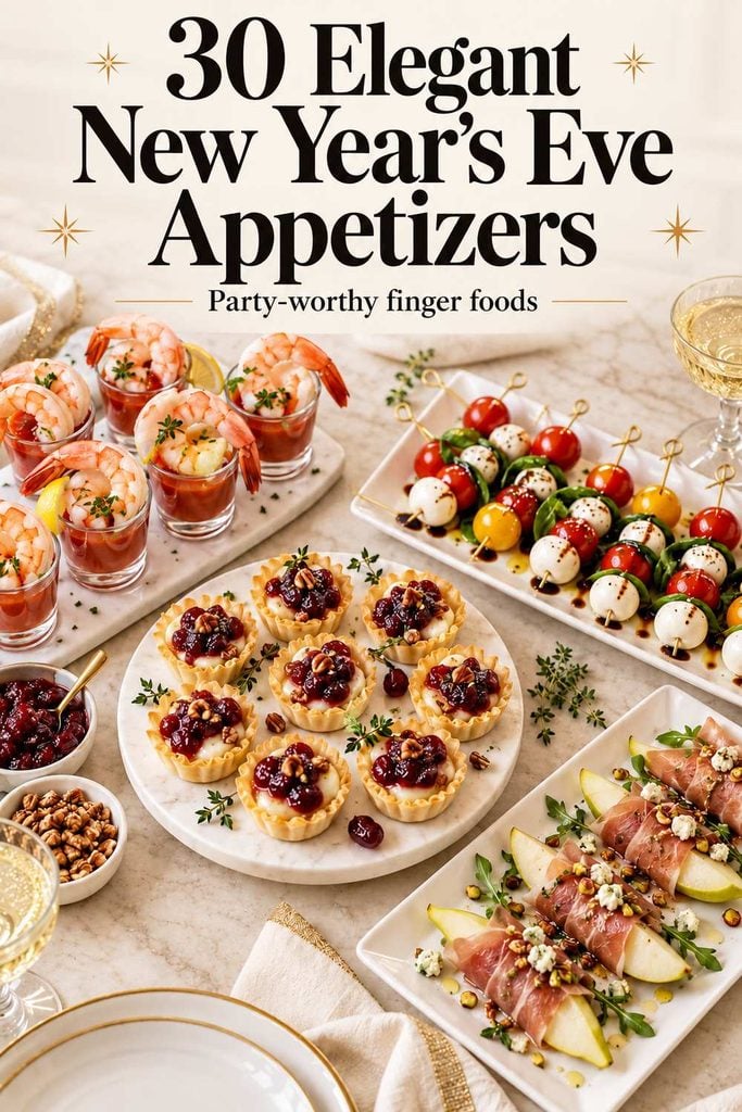 Pinterest pin showing a collage of bite-sized New Year’s Eve party food ideas