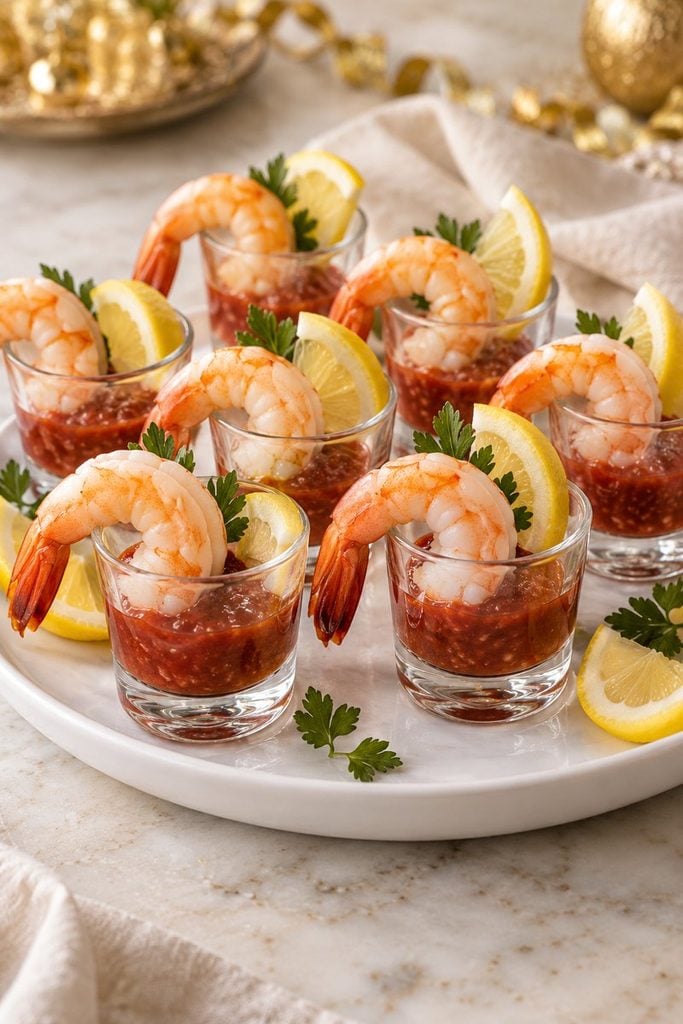 Shrimp cocktail shooters in small glasses with cocktail sauce and lemon wedges on a tray