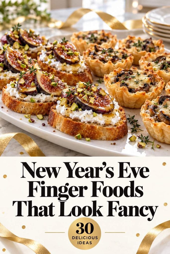 Pinterest pin featuring 30 fancy New Year’s Eve finger food recipes