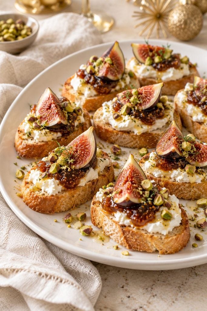 Whipped goat cheese and fig crostini topped with chopped pistachios on toasted baguette slices