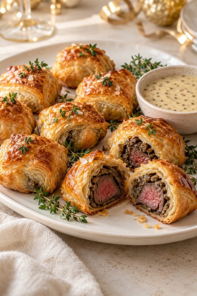 Golden mini beef Wellington bites wrapped in puff pastry served with Dijon cream sauce