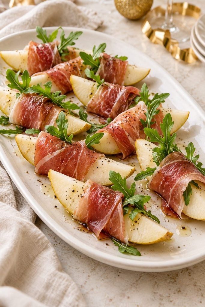 Pear wedges wrapped in thin prosciutto with arugula on a serving platter