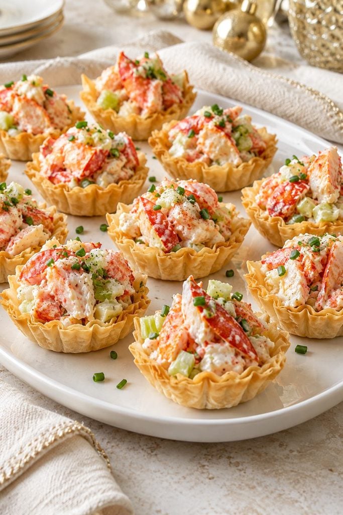 Crisp phyllo cups filled with lobster salad and chives
