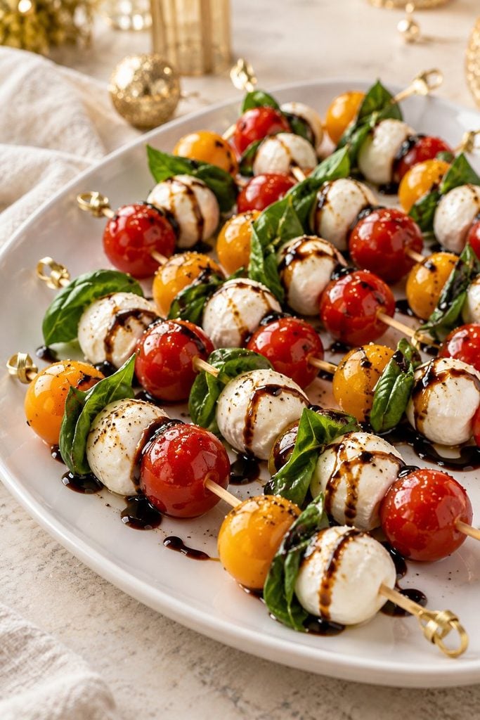 Caprese skewers with cherry tomatoes, mozzarella balls, and basil drizzled with balsamic glaze
