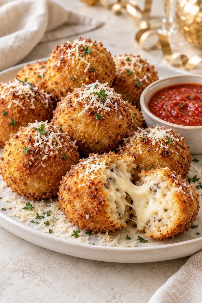 Golden fried truffle Parmesan arancini rice balls served with marinara sauce