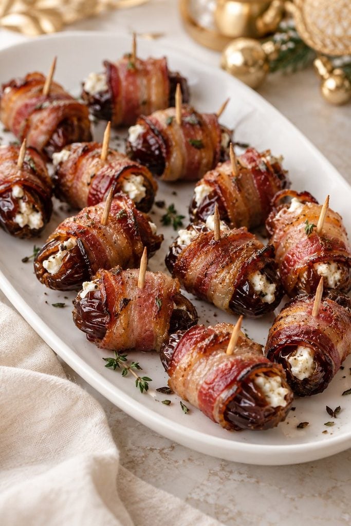 Bacon-wrapped dates stuffed with goat cheese and secured with toothpicks