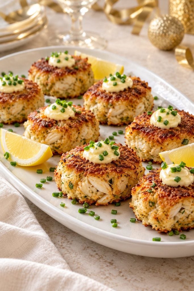 Mini crab cakes topped with lemon aioli and chives on a platter