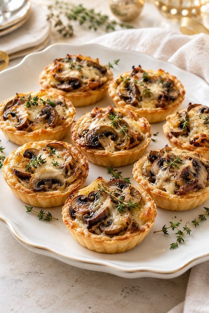 Golden mushroom and Gruyère tartlets garnished with fresh thyme