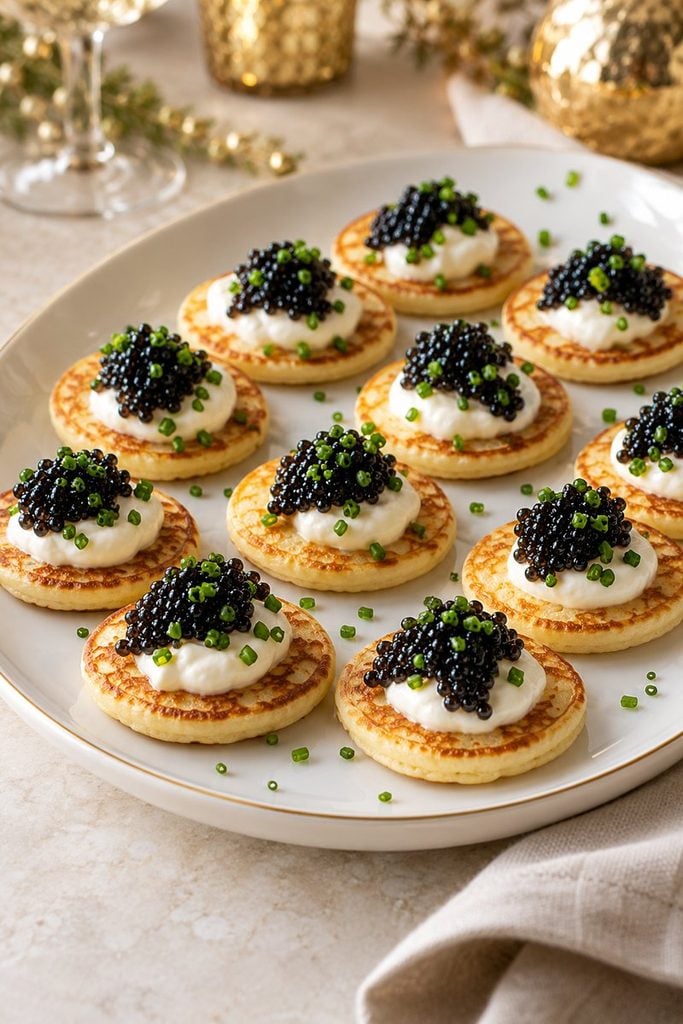 Mini blinis topped with crème fraîche, caviar, and snipped chives arranged in neat rows