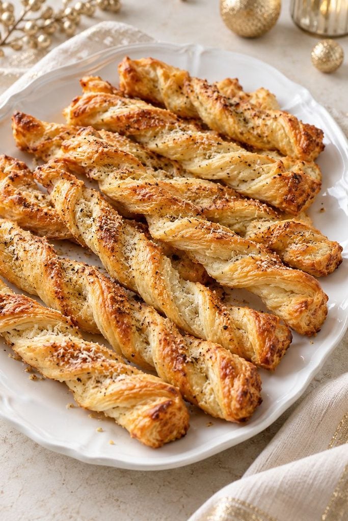 Golden Parmesan puff pastry twists with cracked black pepper standing in a glass