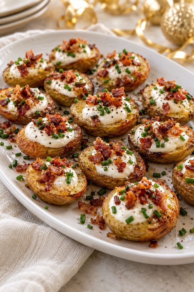 Roasted baby potato halves topped with crème fraîche, chives, and crisp bacon